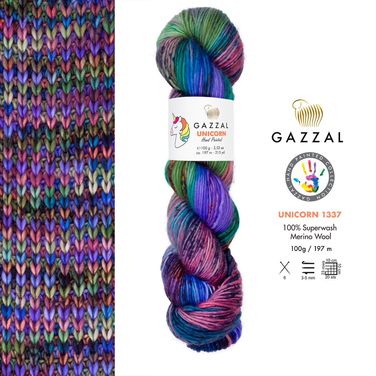 Cuộn len sợi lông cừu loang nhiều màu cầu vòng Gazzal Unicorn Yarn Wools Superwash Merino