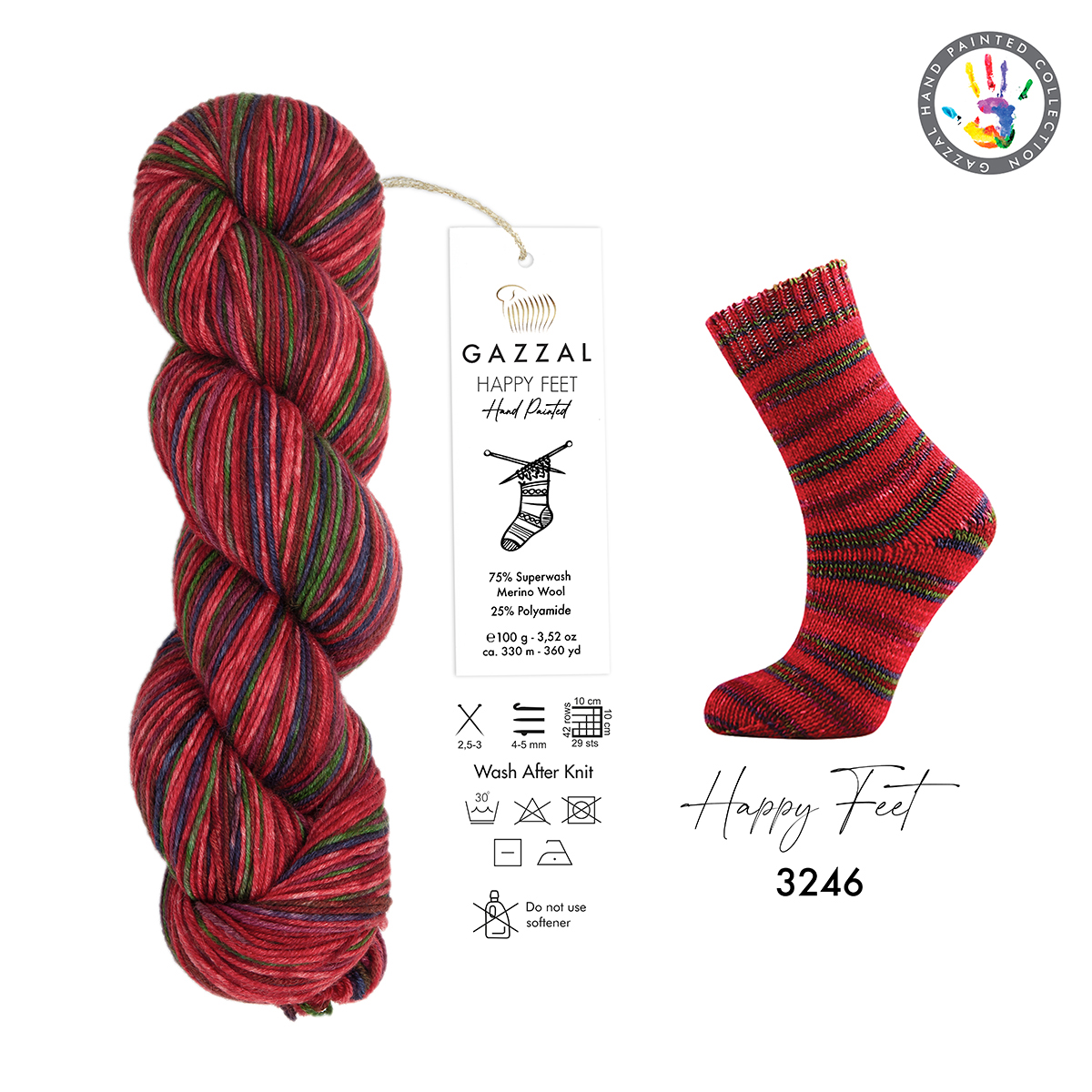 Cuộn len sợi loang nhiều màu bảy sắc cầu vòng Gazzal Happy Feet Yarn Wool Merino
